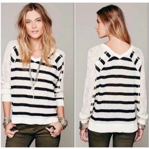 WE THE FREE Striped Crochet Knit Pullover Sweater